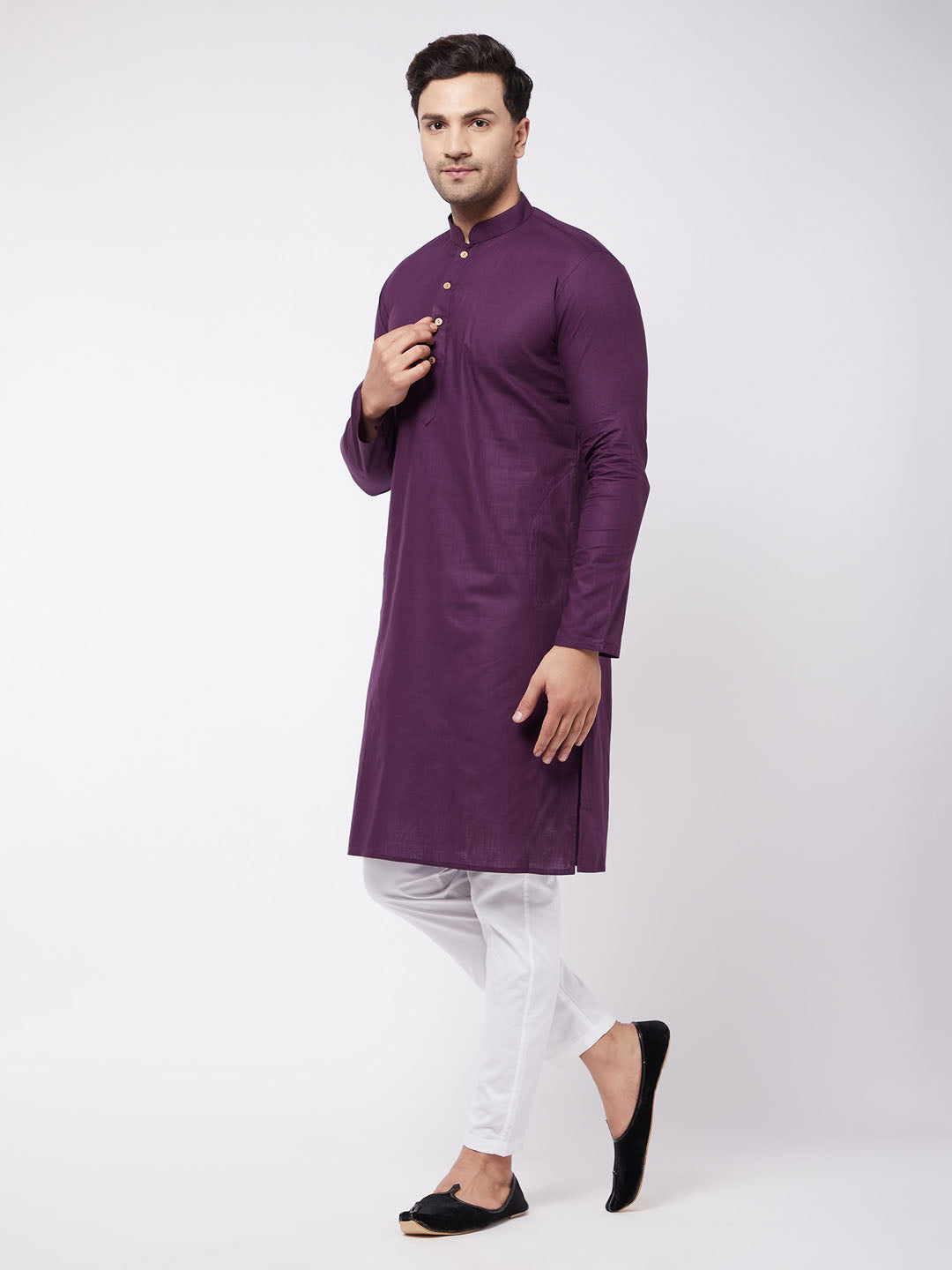 Men's Purple Cotton Blend Straight Kurta Pyjama Set
