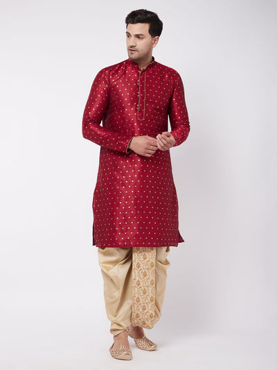 Men's Maroon Silk Blend Straight Kurta and Dhoti Set