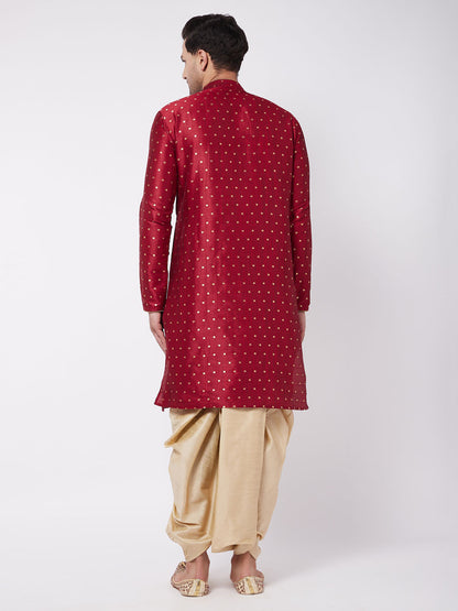 Men's Maroon Silk Blend Straight Kurta and Dhoti Set