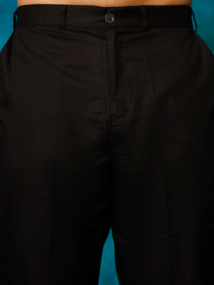 Men's Black Cotton Cotton Satin Asymmetric Kurta Pyjama Set