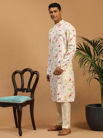 Men's Cream Cotton Blend Straight Kurta Pyjama Set