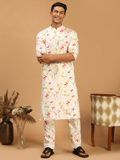 Men's Cream Cotton Blend Straight Kurta Pyjama Set