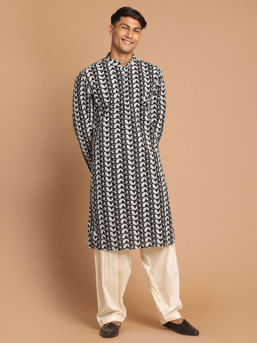Men's Black Pure Cotton Straight Kurta and Patiala Set