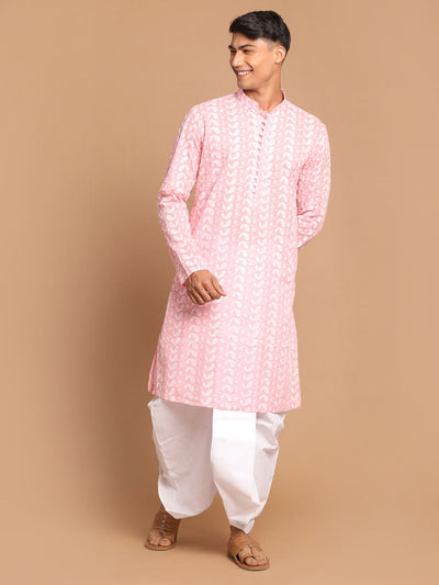 Men's Pink Pure Cotton Straight Kurta and Dhoti Set