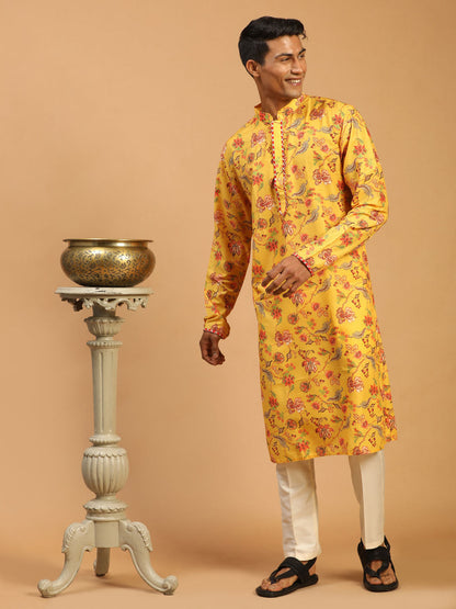 Men's MulticolorBaseMustard Muslin Straight Kurta Pyjama Set