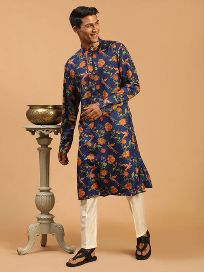 Men's MulticoloredBaseBlue Muslin Straight Kurta Pyjama Set