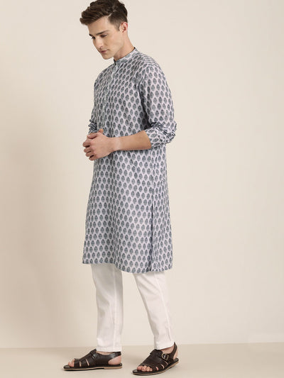 Men's Grey Cotton Blend Straight Kurta Pyjama Set