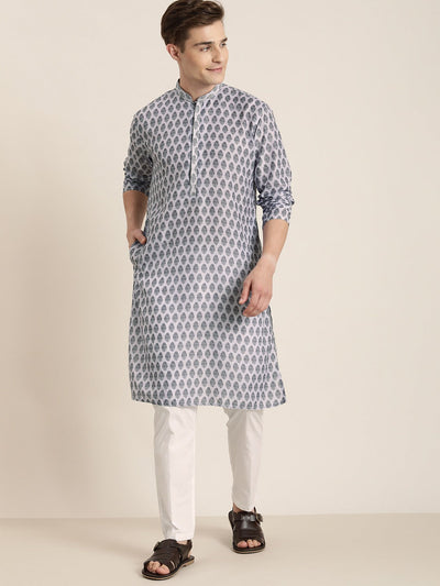 Men's Grey Cotton Blend Straight Kurta Pyjama Set