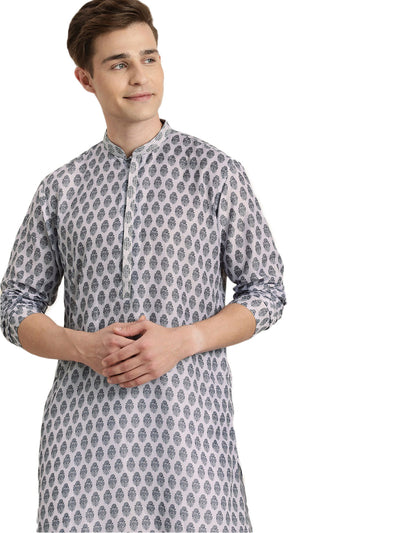 Men's Grey Cotton Blend Straight Kurta Pyjama Set