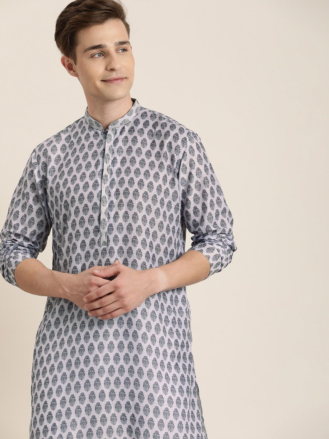 Men's Grey Cotton Blend Straight Kurta Pyjama Set