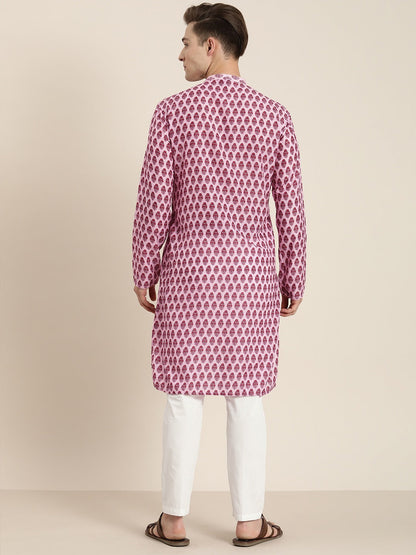 Men's Pink Cotton Blend Straight Kurta Pyjama Set