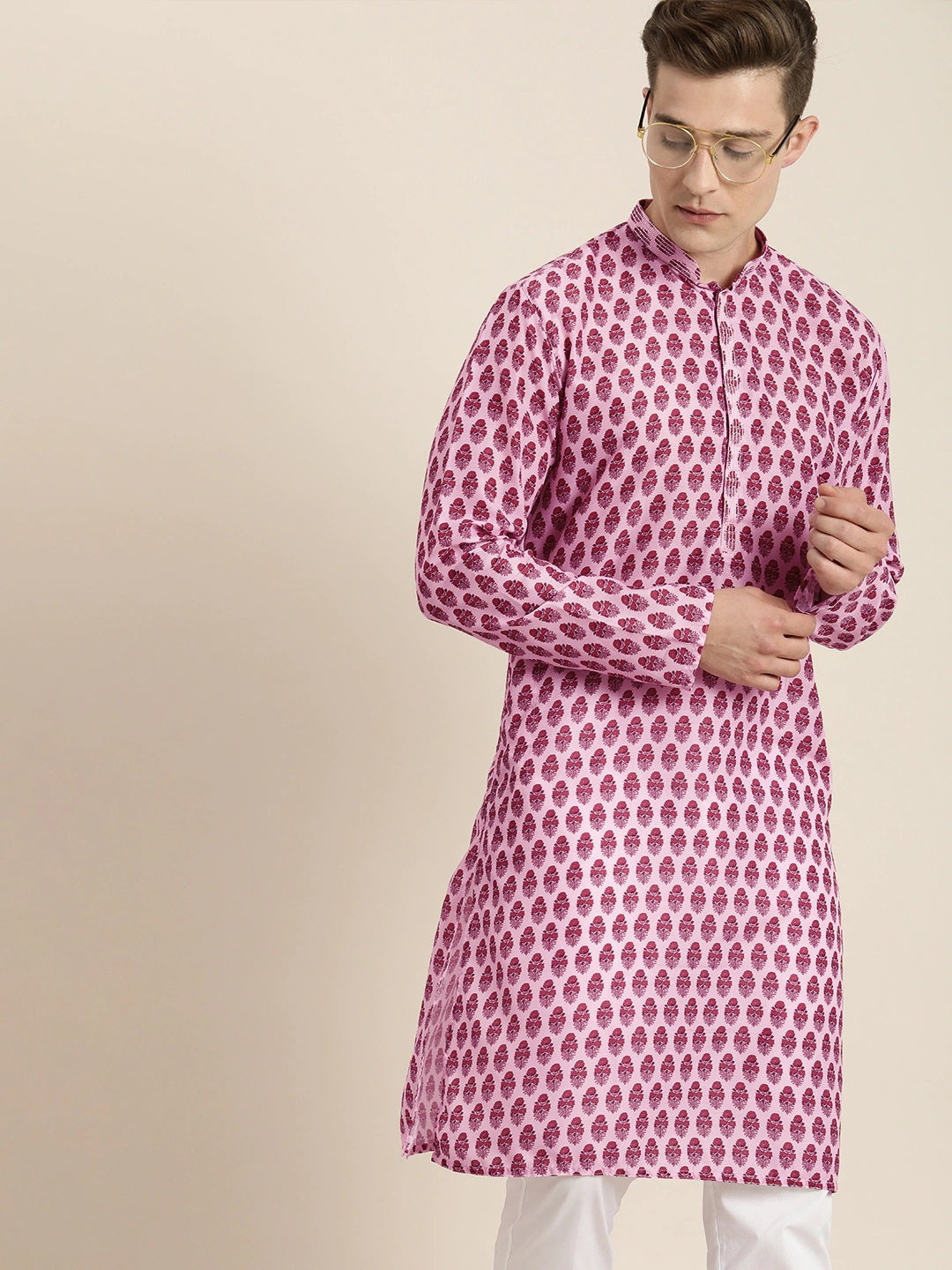 Men's Pink Cotton Blend Straight Kurta Pyjama Set