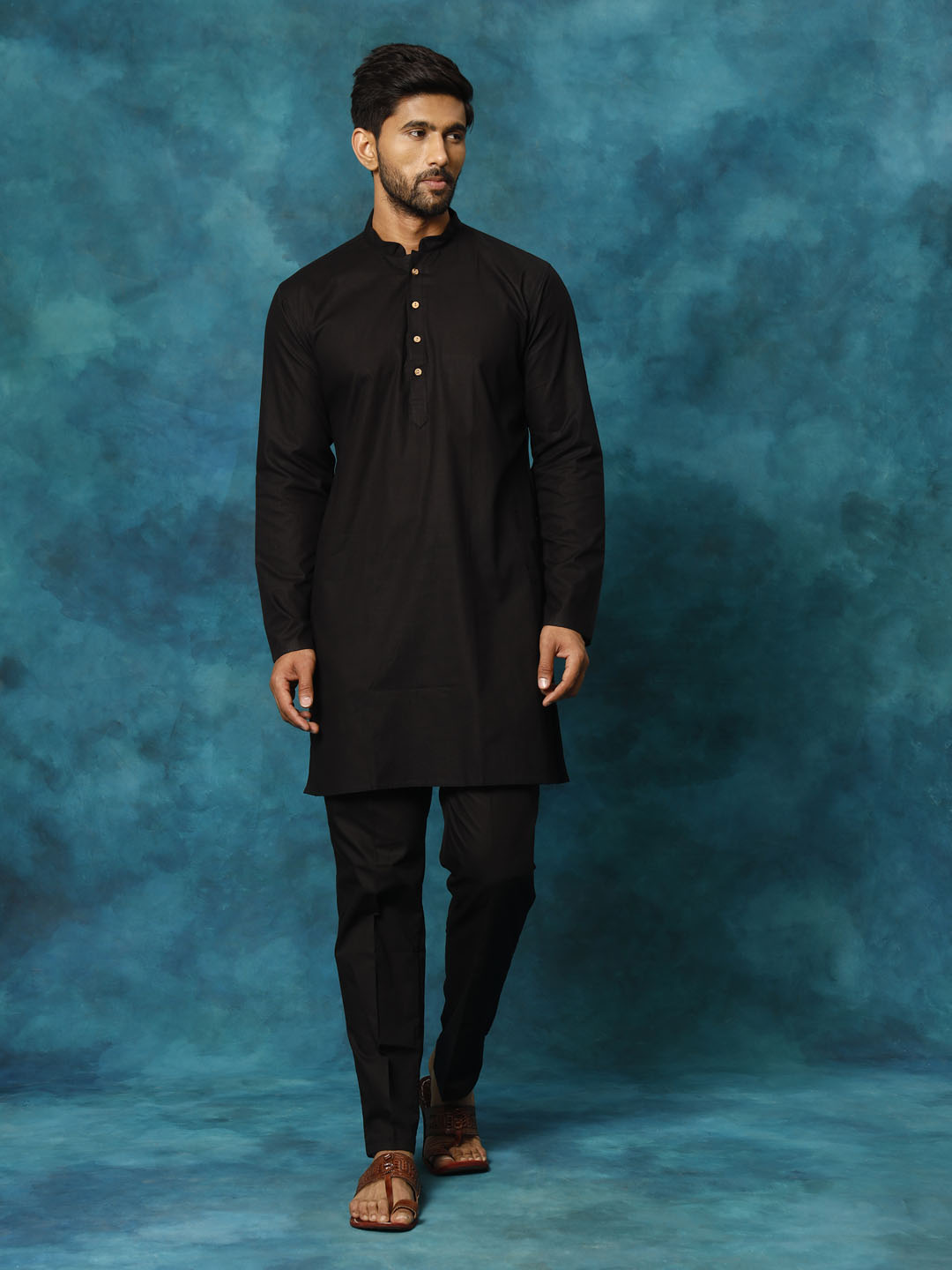 Men's Black Cotton Blend Straight Kurta Pyjama Set