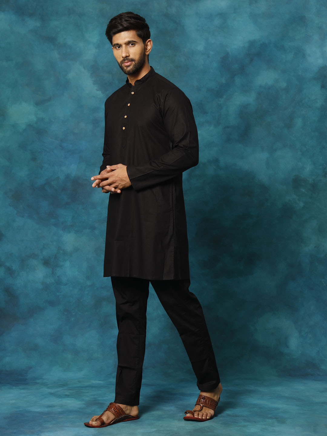 Men's Black Cotton Blend Straight Kurta Pyjama Set