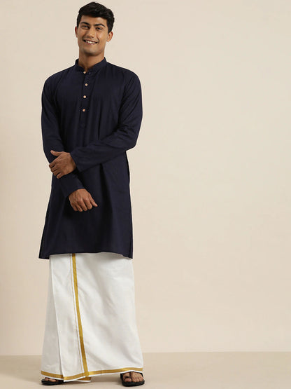 Men's Navy Blue Cotton Blend Straight Kurta And Mundu Set