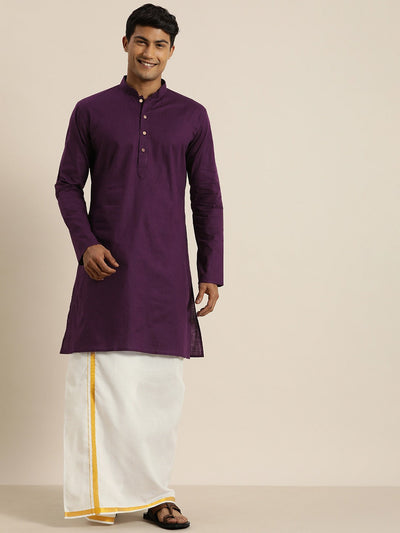 Men's Purple Cotton Blend Straight Kurta And Mundu Set