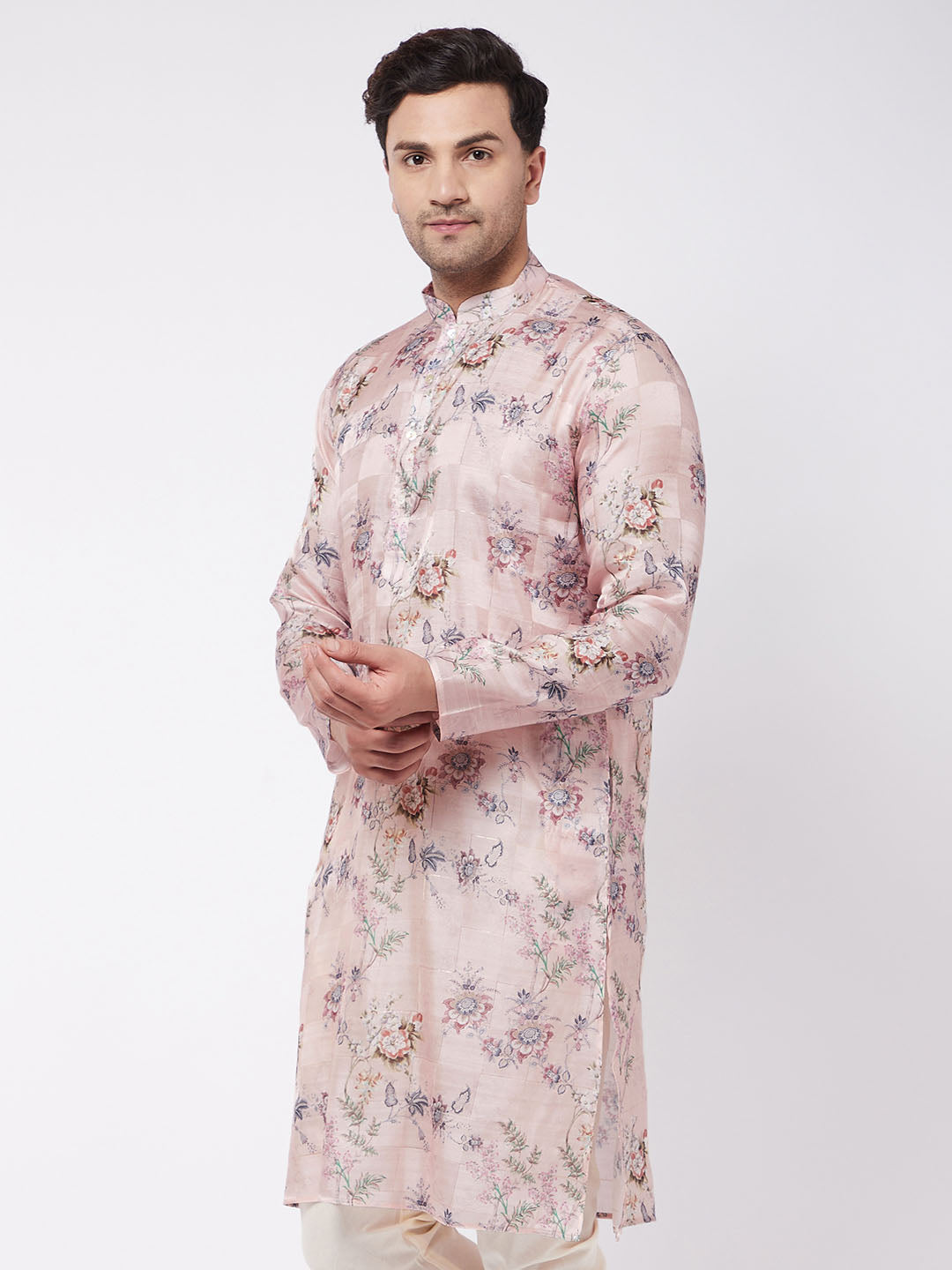 Men's MulticolorBasePink Cotton Blend Straight Kurta Pyjama Set