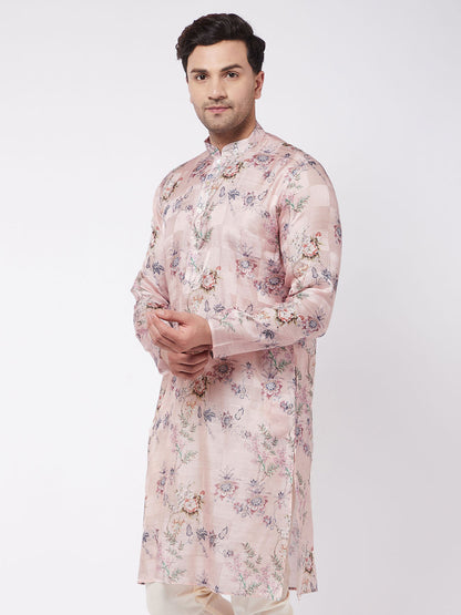 Men's MulticolorBasePink Cotton Blend Straight Kurta Pyjama Set