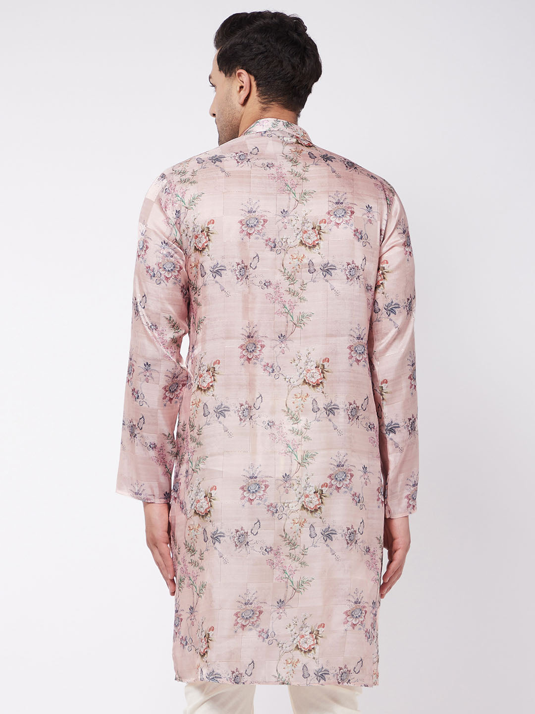 Men's MulticolorBasePink Cotton Blend Straight Kurta Pyjama Set