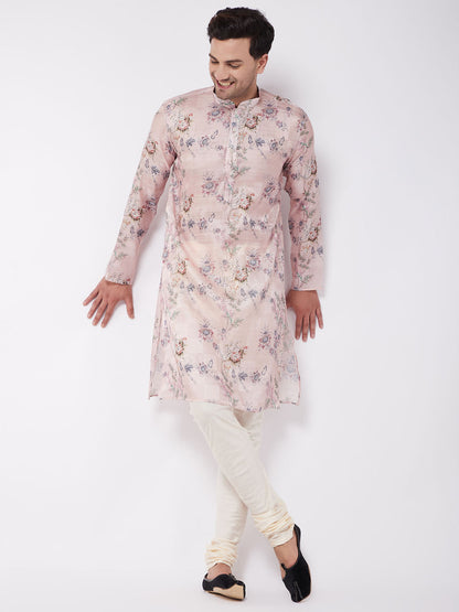 Men's MulticolorBasePink Cotton Blend Straight Kurta Pyjama Set