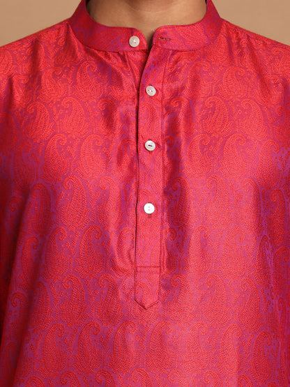 Men's Red Silk Blend Straight Kurta Pyjama Set