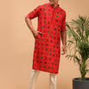 Men's Red Cotton Blend Pathani Kurta Pyjama Set