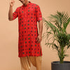 Men's Red Cotton Blend Pathani Kurta and Patiala Set