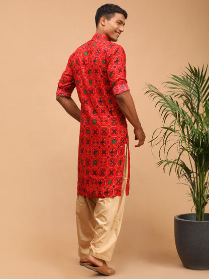 Men's Red Cotton Blend Pathani Kurta and Patiala Set