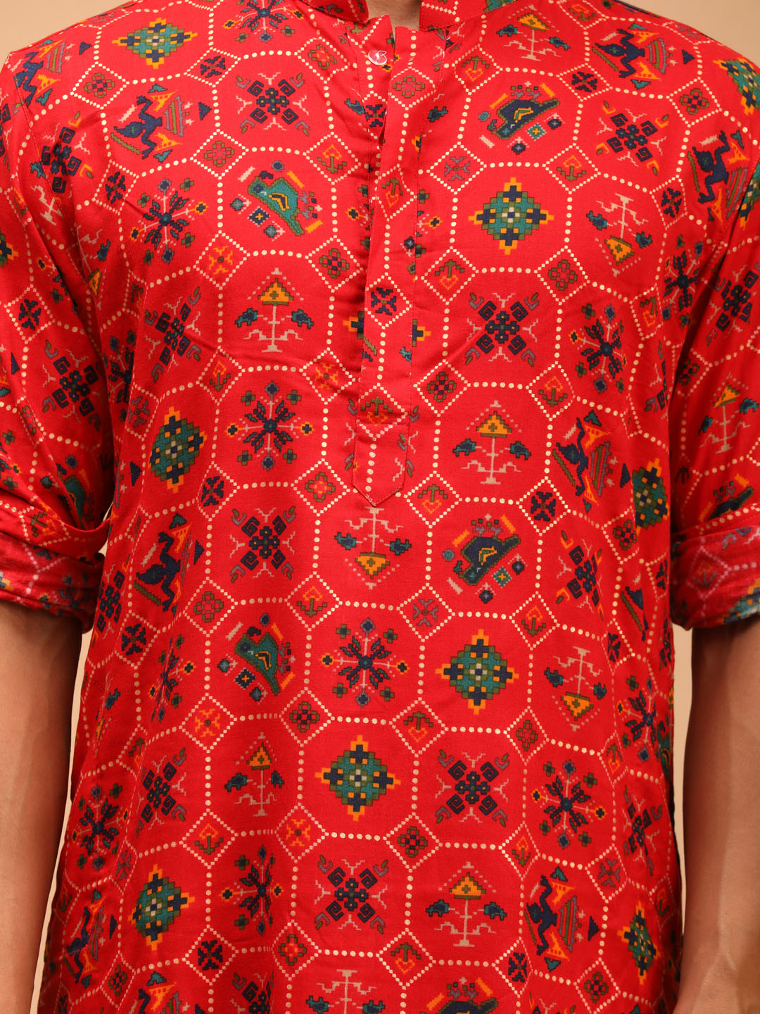 Men's Red Cotton Blend Pathani Kurta and Patiala Set