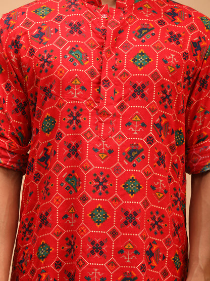 Men's Red Cotton Blend Pathani Kurta and Patiala Set