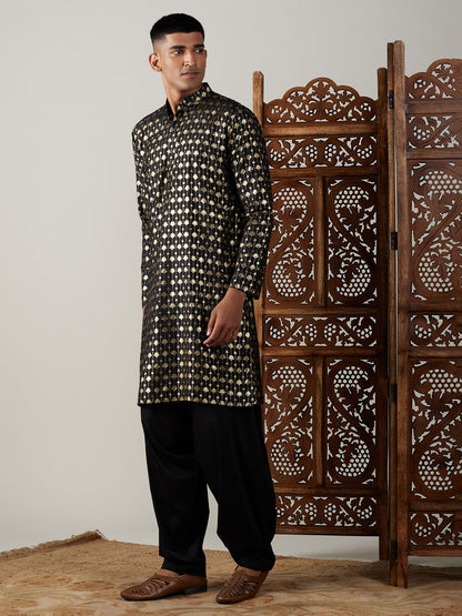 Men's Black Viscose Straight Kurta and Patiala Set
