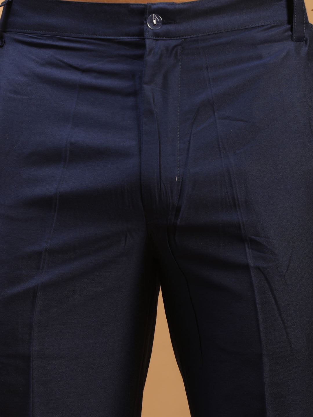 Men's Navy Blue Cotton Blend Straight Kurta Pyjama Set
