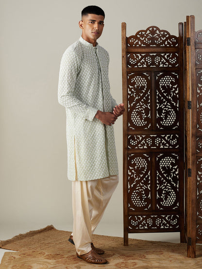 Men's Green Georgette Straight Kurta and Patiala Set