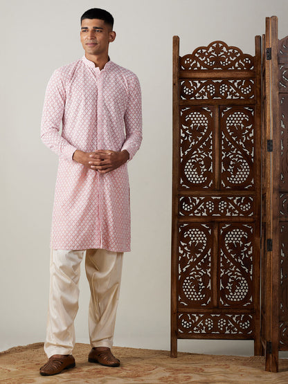 Men's Pink Georgette Straight Kurta and Patiala Set
