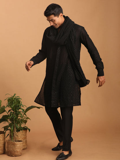 Men's Black Georgette Straight Kurta  Pyjama & Dupatta Set