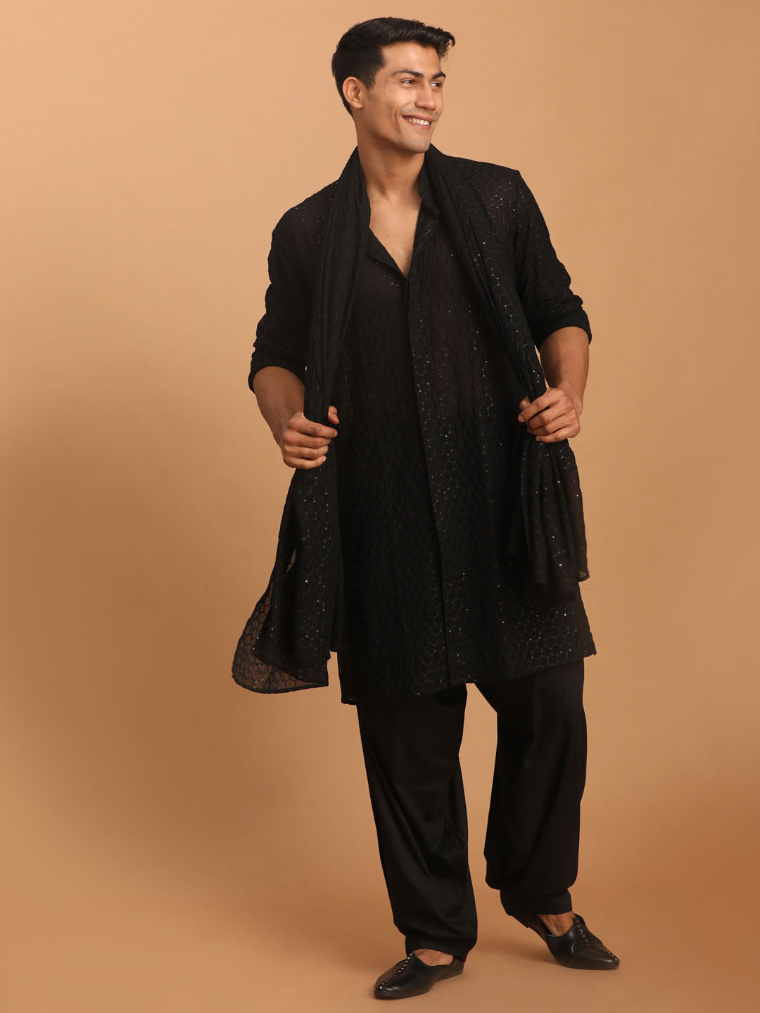 Men's Black Georgette Straight Kurta  Pyjama & Dupatta Set