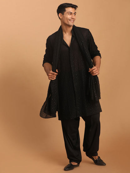 Men's Black Georgette Straight Kurta  Pyjama & Dupatta Set
