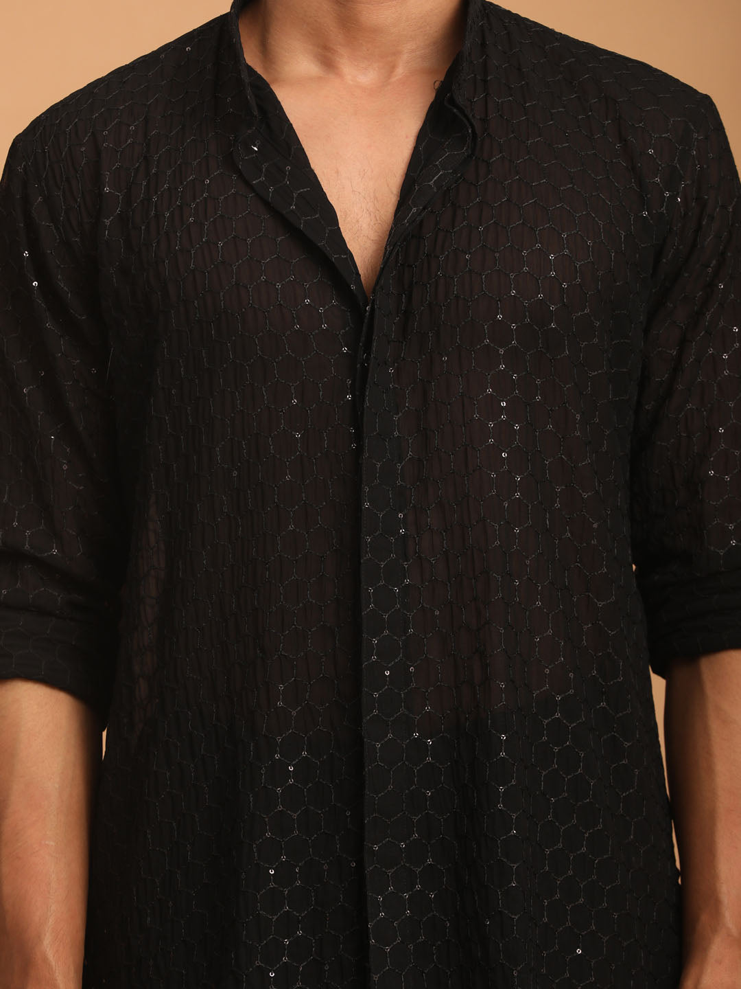 Men's Black Georgette Straight Kurta  Pyjama & Dupatta Set