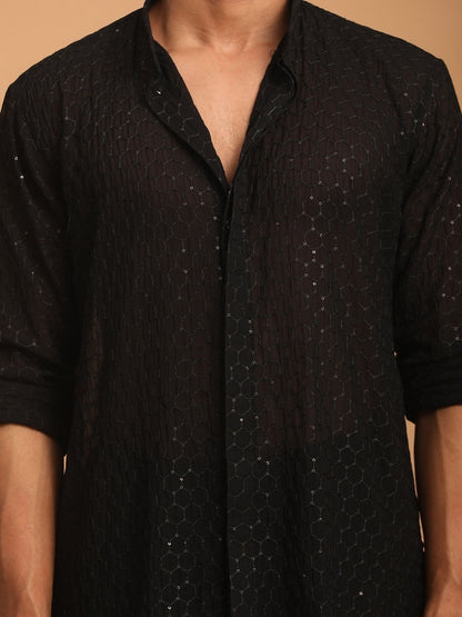 Men's Black Georgette Straight Kurta  Pyjama & Dupatta Set