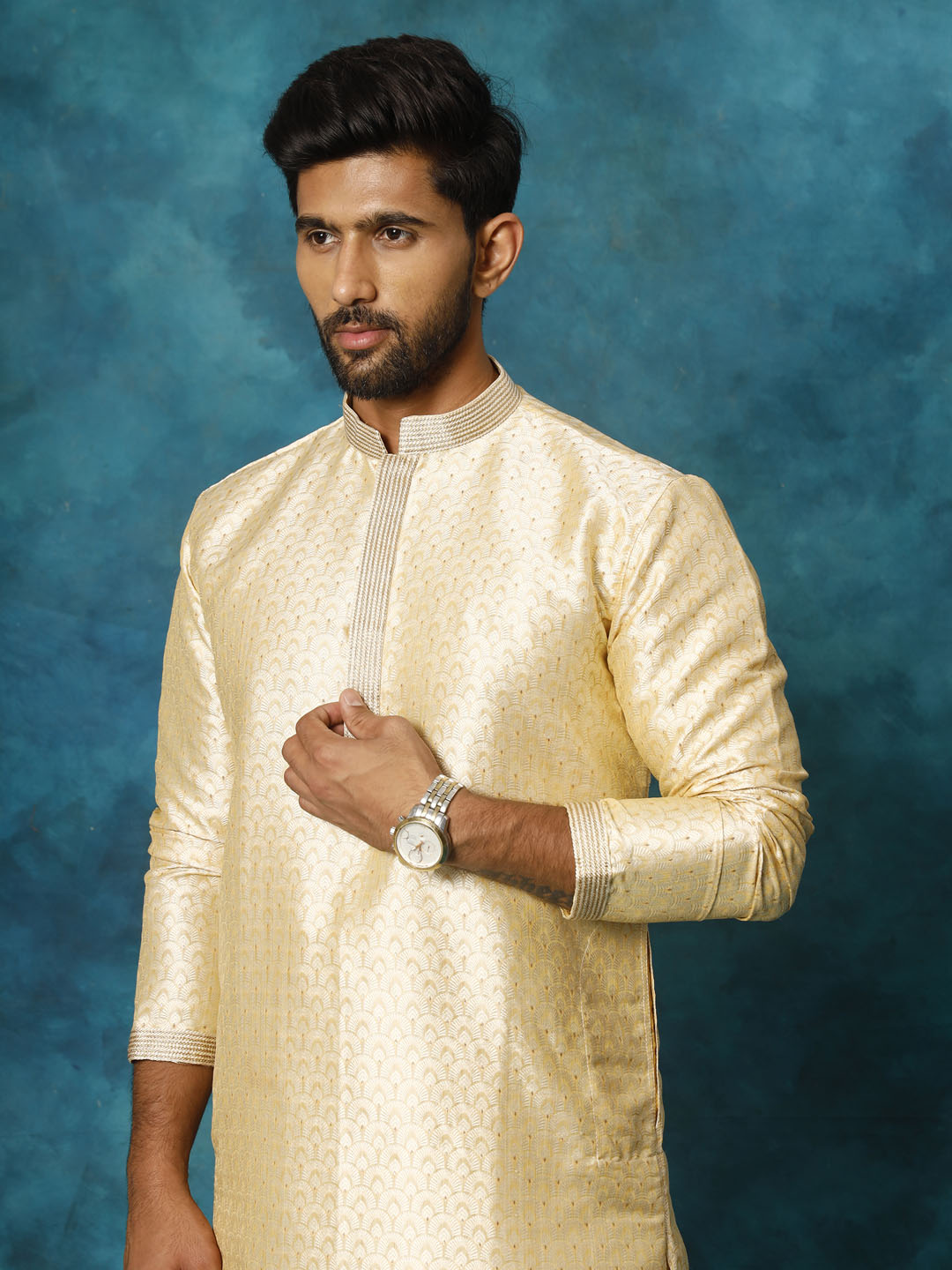 Men's Gold Silk Blend Straight Kurta Pyjama Set
