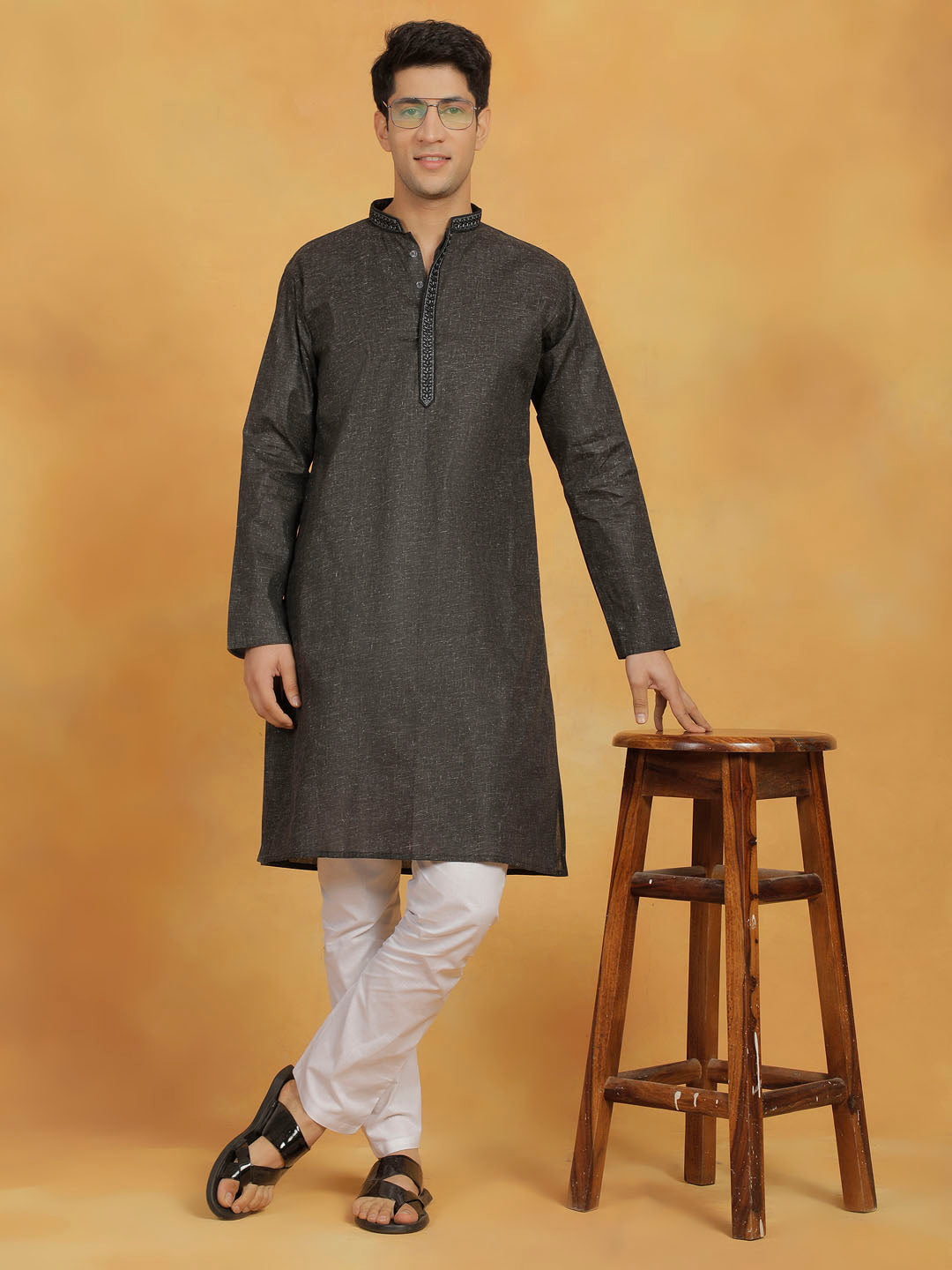 Men's Black Cotton Straight Kurta Pyjama Set