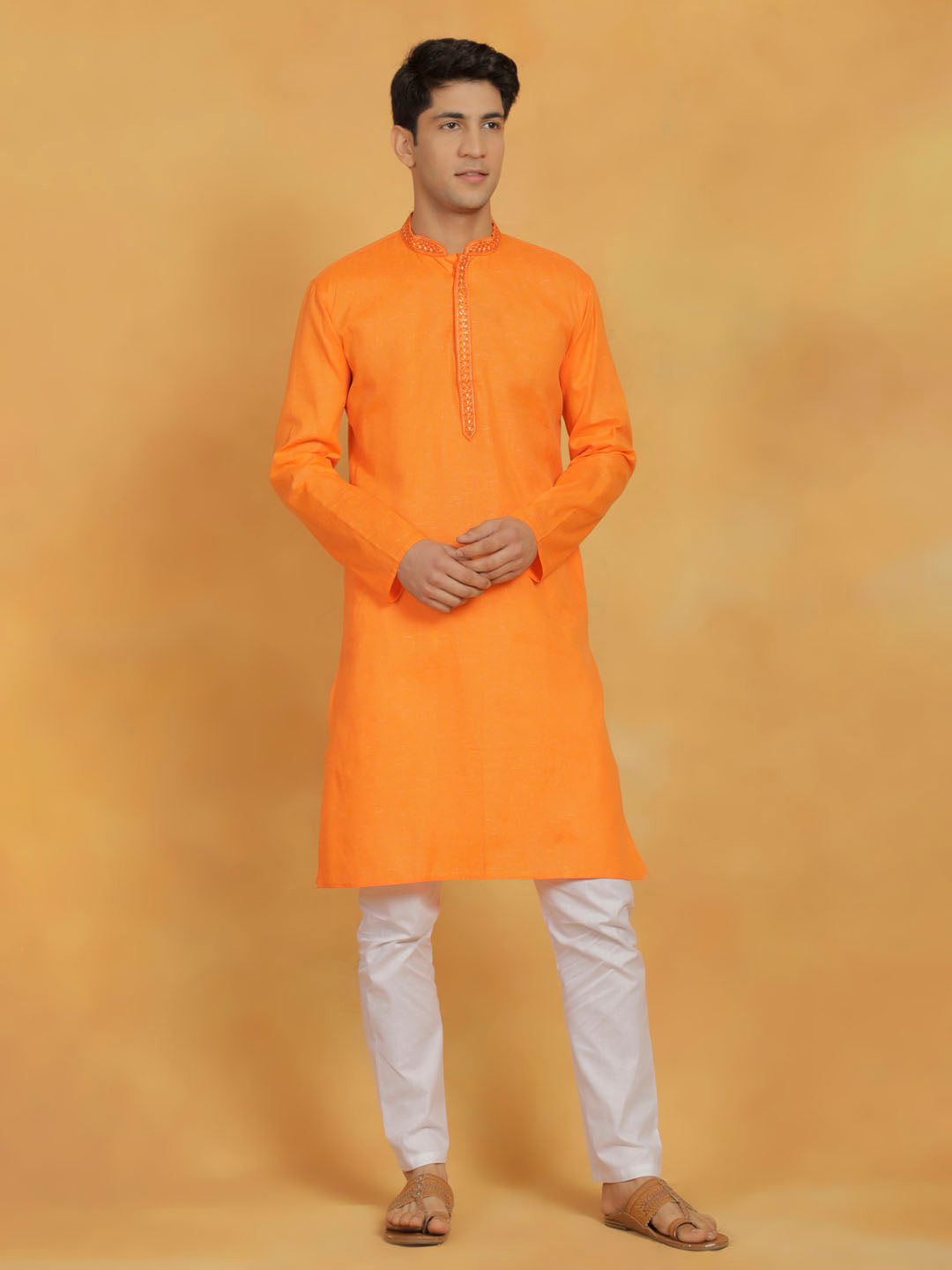 Men's Orange Cotton Straight Kurta Pyjama Set