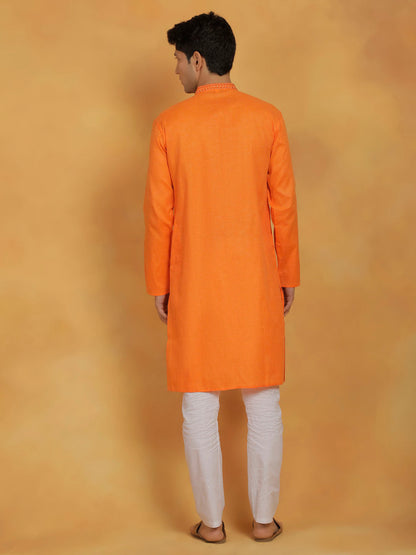 Men's Orange Cotton Straight Kurta Pyjama Set