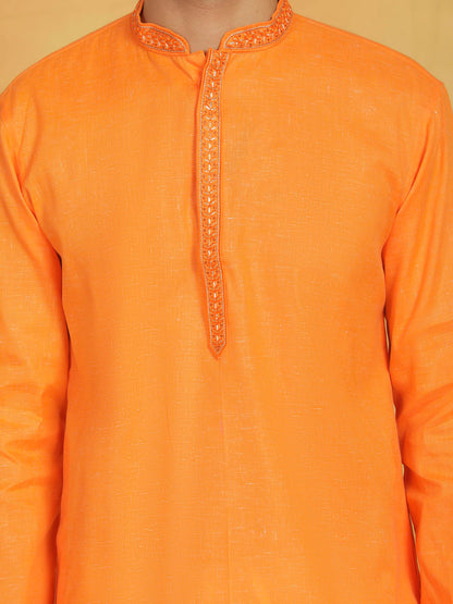 Men's Orange Cotton Straight Kurta Pyjama Set