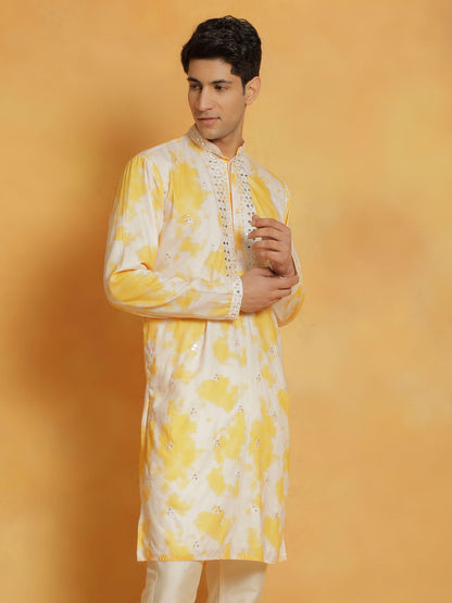 Men's Yellow Cotton Blend Straight Kurta