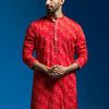 Men's Red Chinon Straight Kurta
