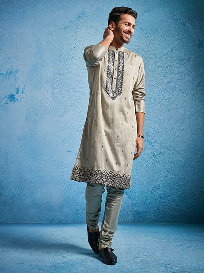 Men's Chiku Silk Blend Straight Kurta And Pyjama Set.