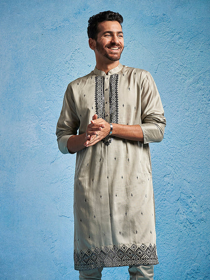Men's Chiku Silk Blend Straight Kurta And Pyjama Set.