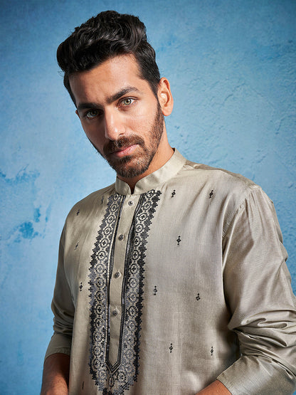 Men's Chiku Silk Blend Straight Kurta And Pyjama Set.