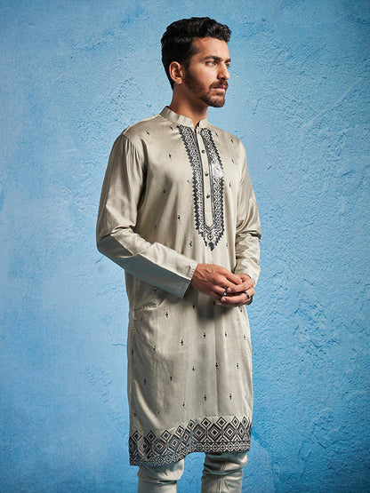 Men's Chiku Silk Blend Straight Kurta And Pyjama Set.